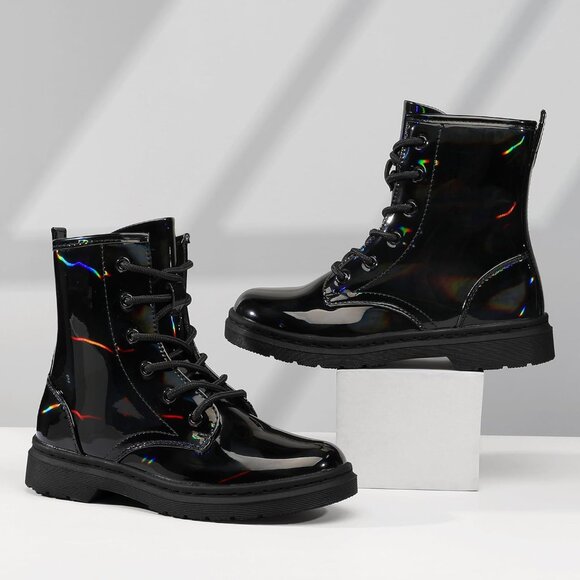 Girls Black Rubber Ankle Side Zipper Lace Up Stylish Comfort Glitter Boots - Picture 4 of 6